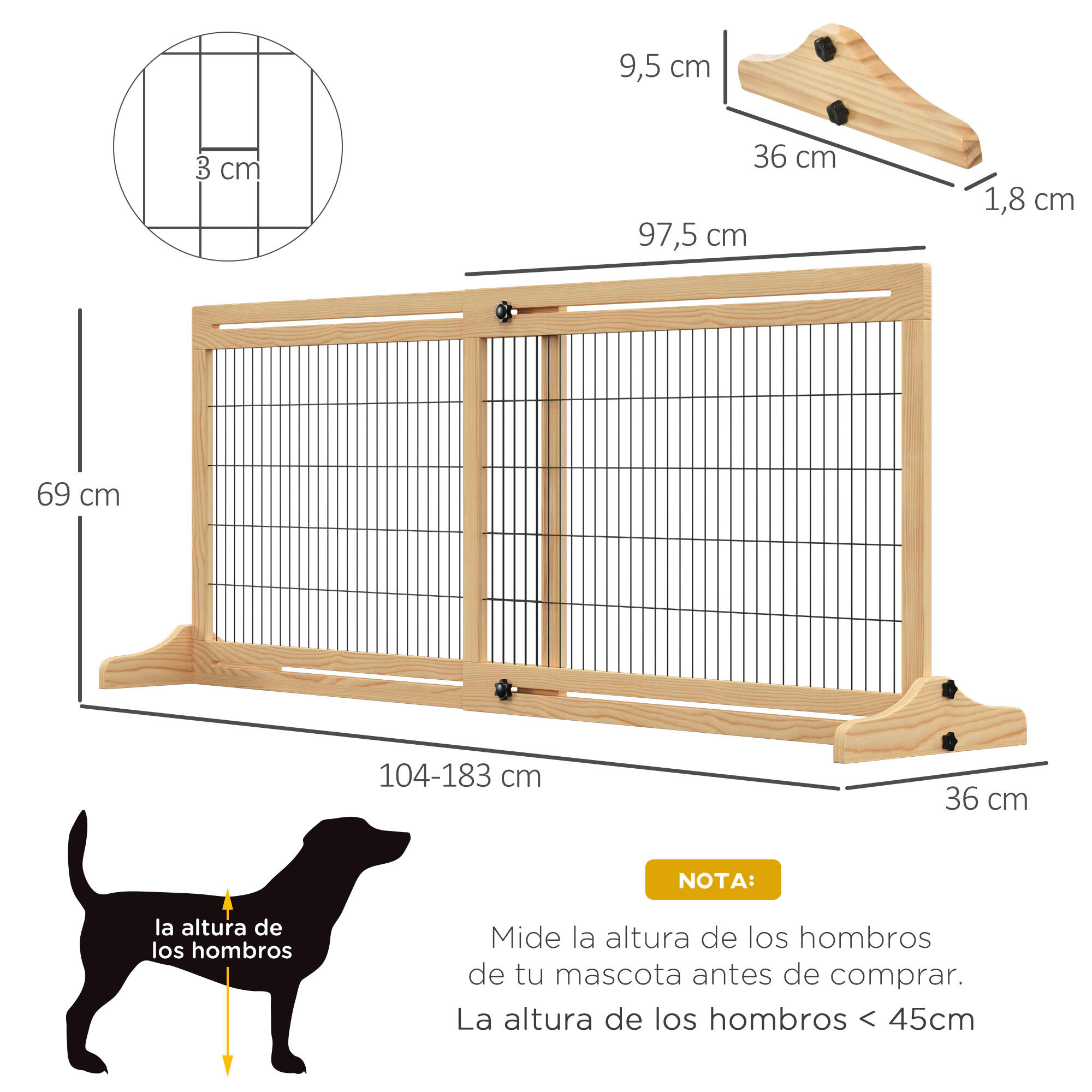 Barrera de Seguridad para Perros PawHut 183x36x69 cm Madera Natural 3/7