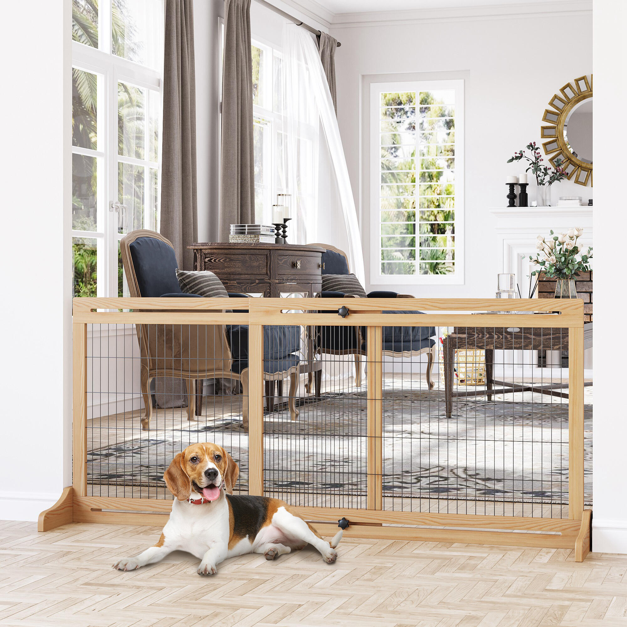 Barrera de Seguridad para Perros PawHut 183x36x69 cm Madera Natural 2/7