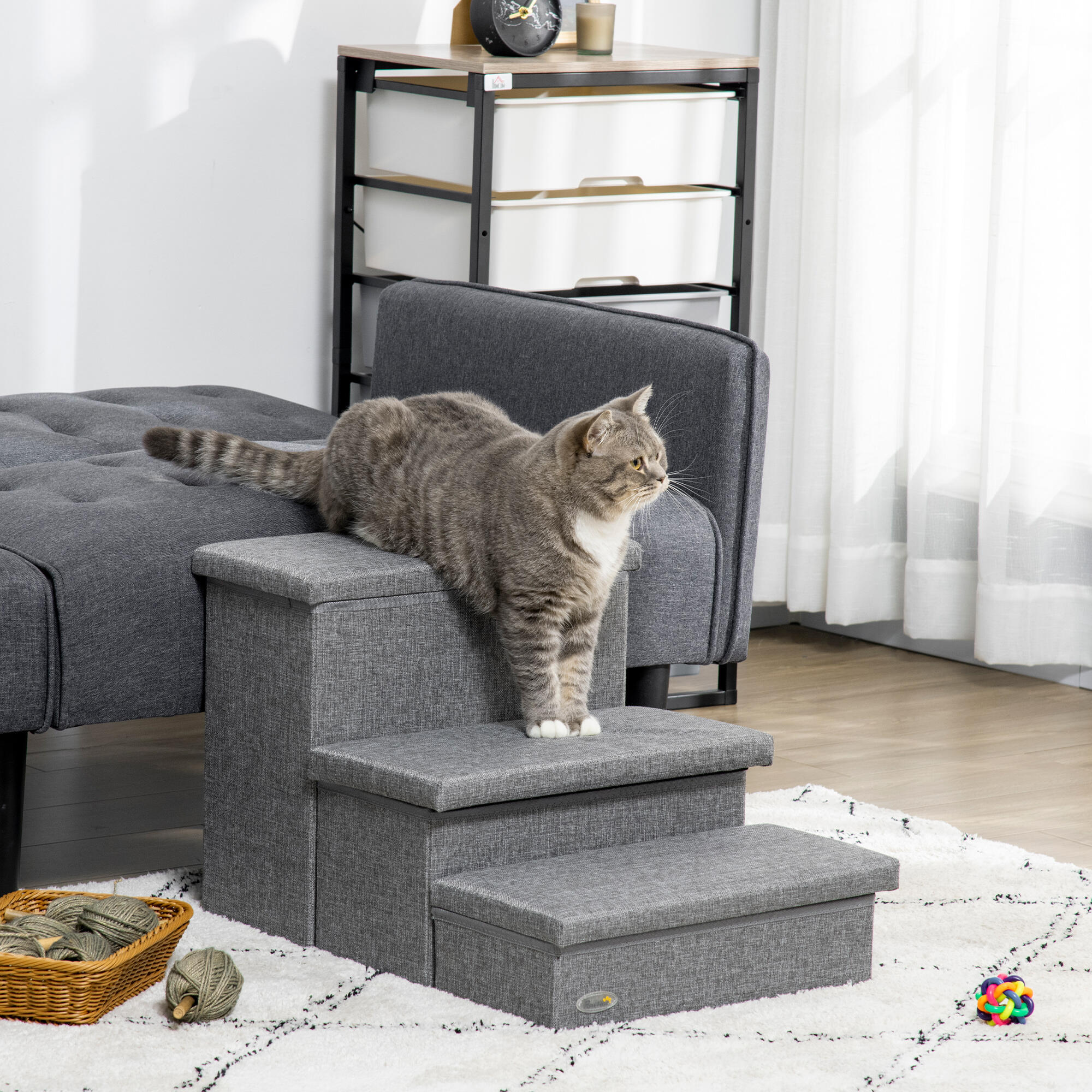 Escalera para Perros PawHut 63.5x42.5x40.5 cm Gris 2/7