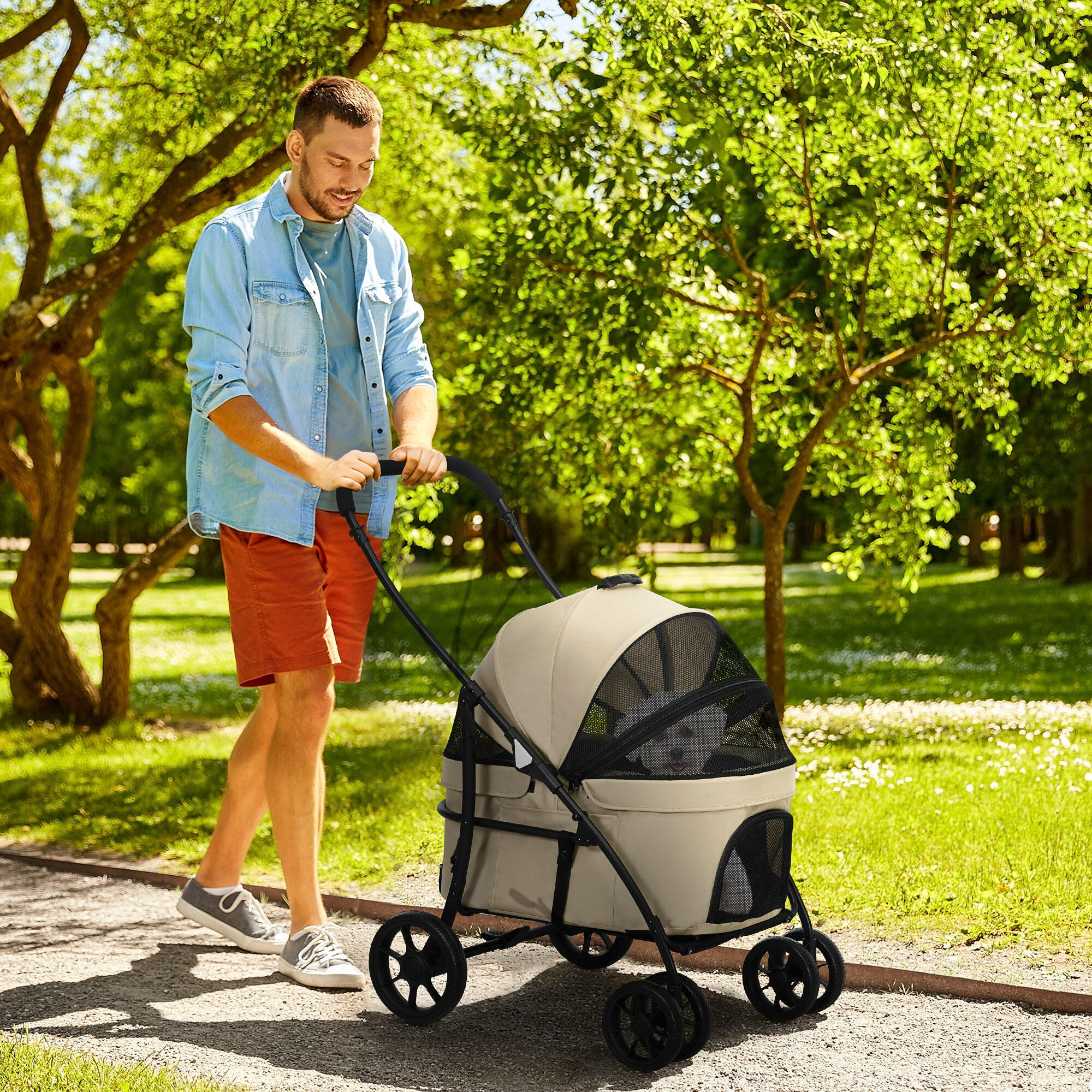 Carrito para Perros PawHut 81x68x98.5 cm Caqui 2/7