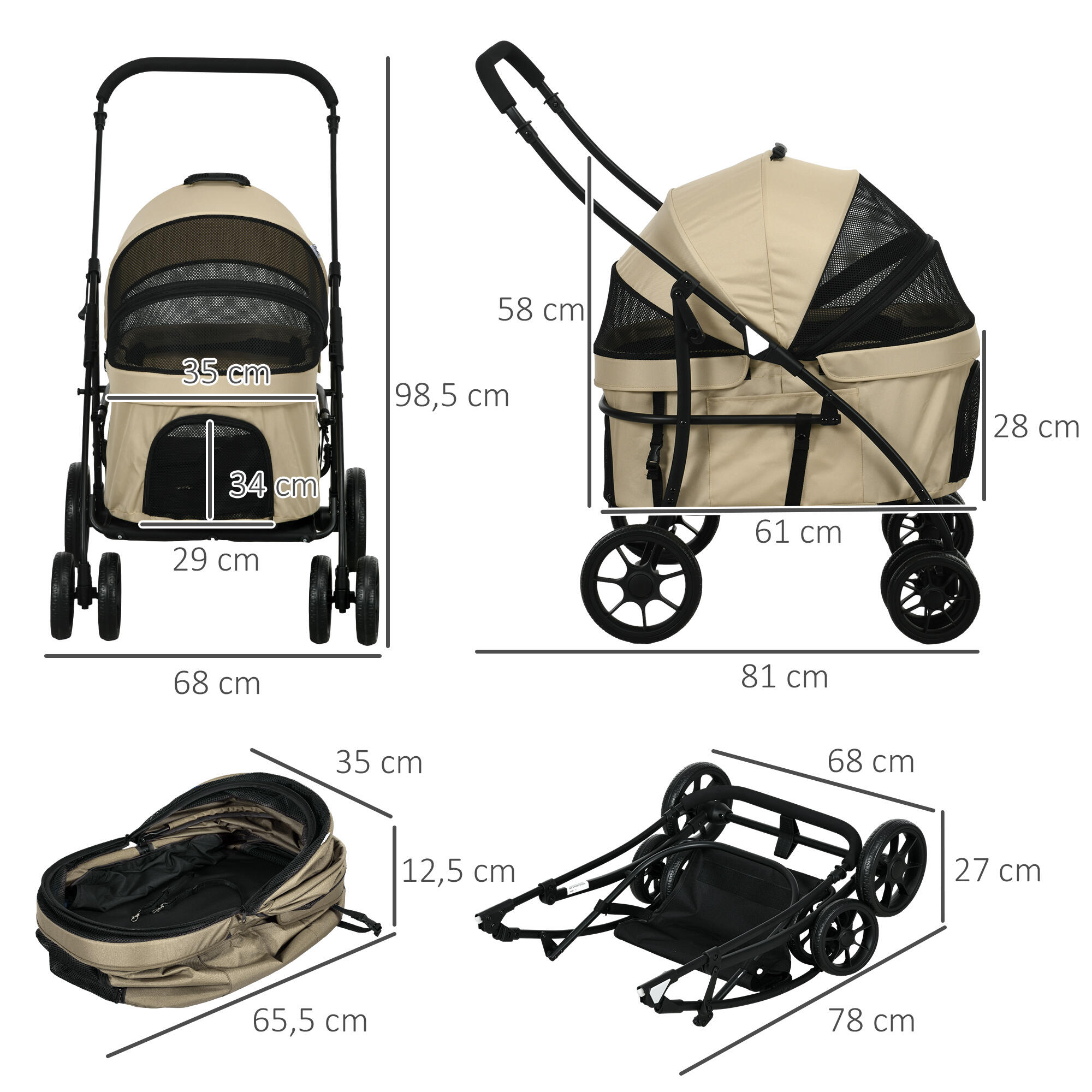Carrito para Perros PawHut 81x68x98.5 cm Caqui 3/7