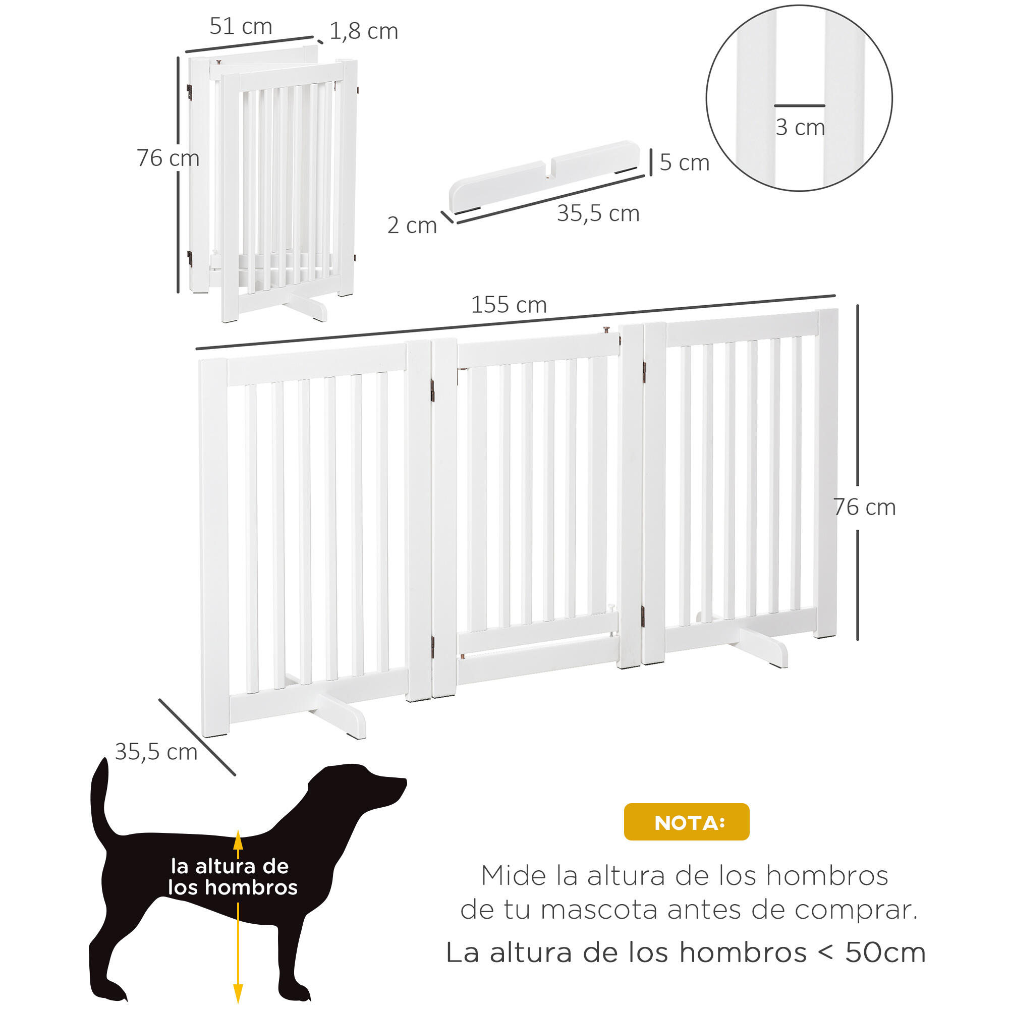 Barrera para Perros PawHut 155x35.5x76 cm Blanco 3/6