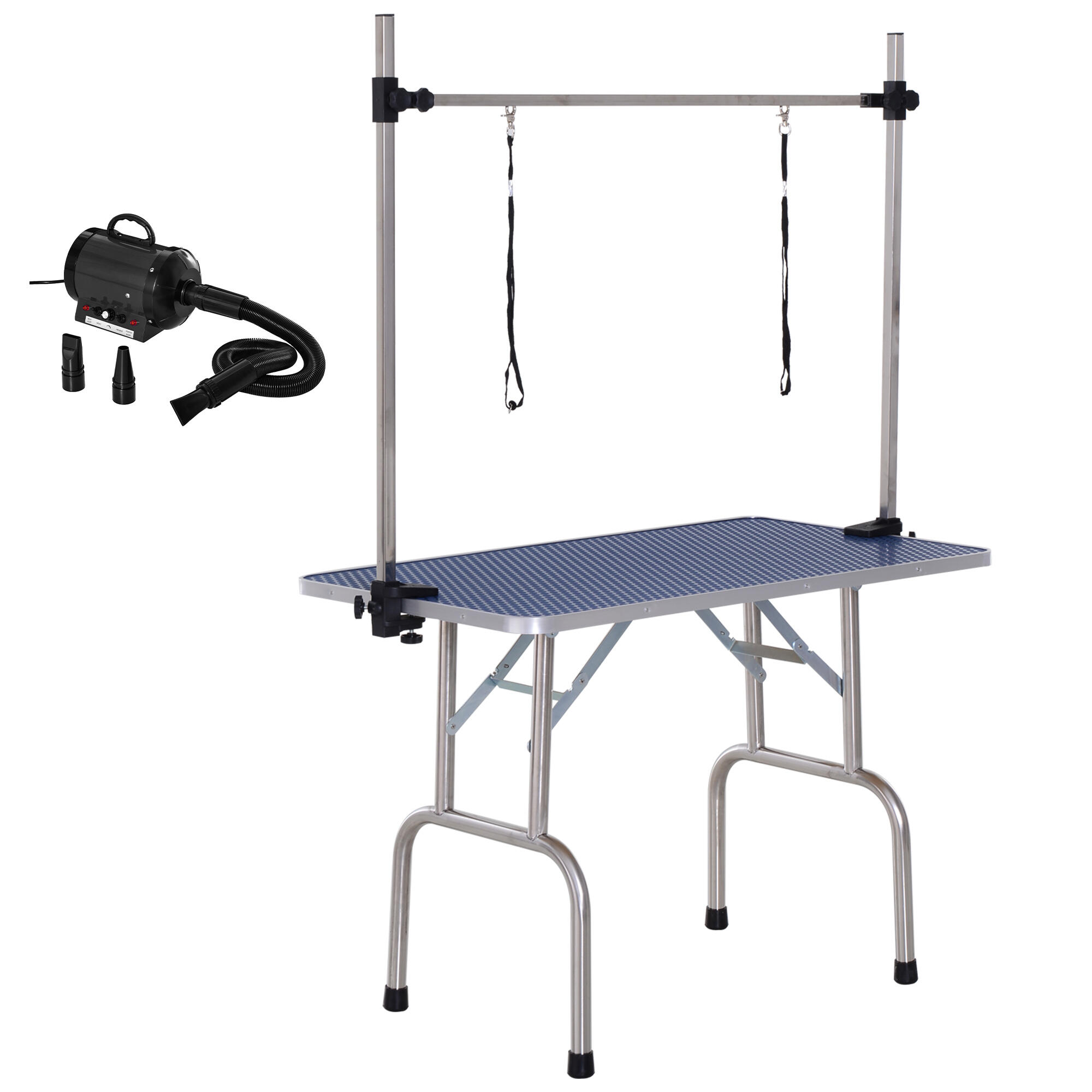 PAWHUT Secador e mesa de tosquia PawHut 107x60x170 cm preto, azul e prata