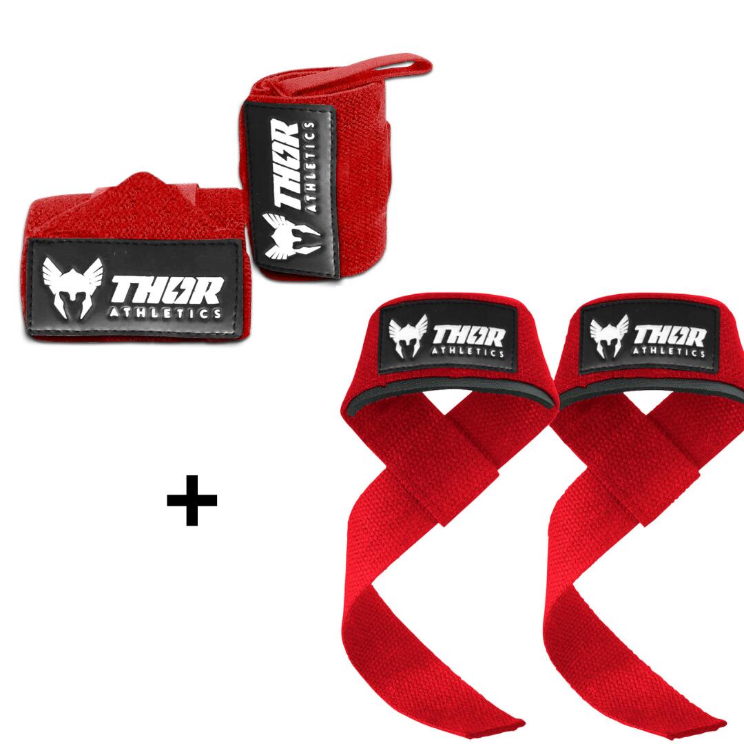 THOR ATHLETICS  Lifting Straps & Wrist Wraps 60cm (Extra Sterk) - Combinatie Bundel - Rood
