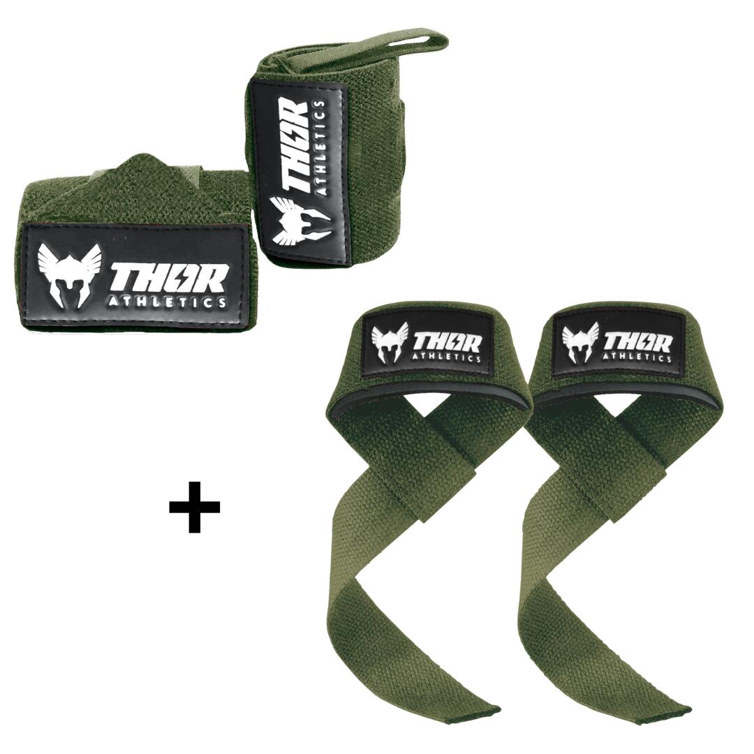 THOR ATHLETICS  Lifting Straps & Wrist Wraps 60cm (Extra Sterk) - Combinatie Bundel - Army Groen