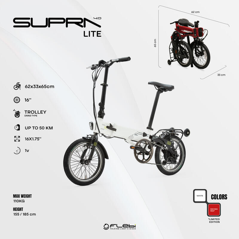 Összecsukható elektromos kerékpár Supra 4.0 lite Racing red | 16” | Hat. 50 km