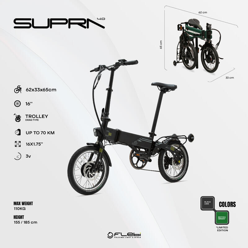 Bicicleta eléctrica plegable Supra 4.0 British green | 16” | Autonomía 70 km