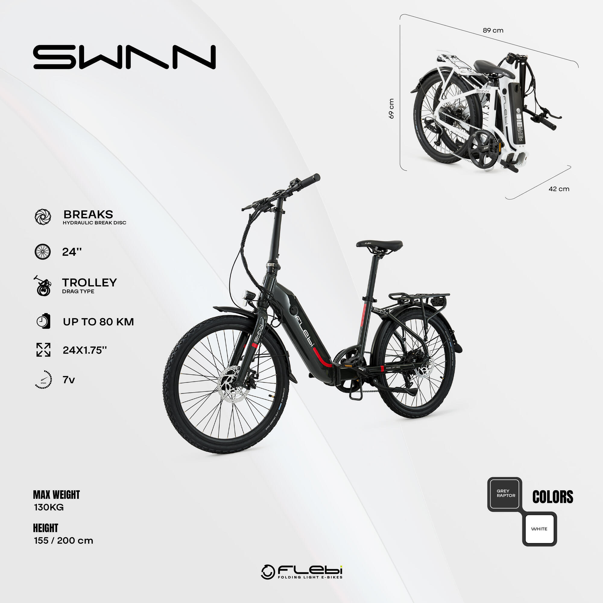 Folding electric city bike Swan 24" Grey | Range 70km - Battery 10.4Ah