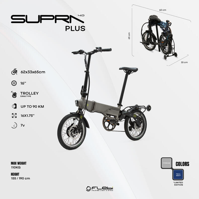 Vélo électrique pliant Supra 4.0+ Titanium grey | Roues 16" | Batterie 14Ah