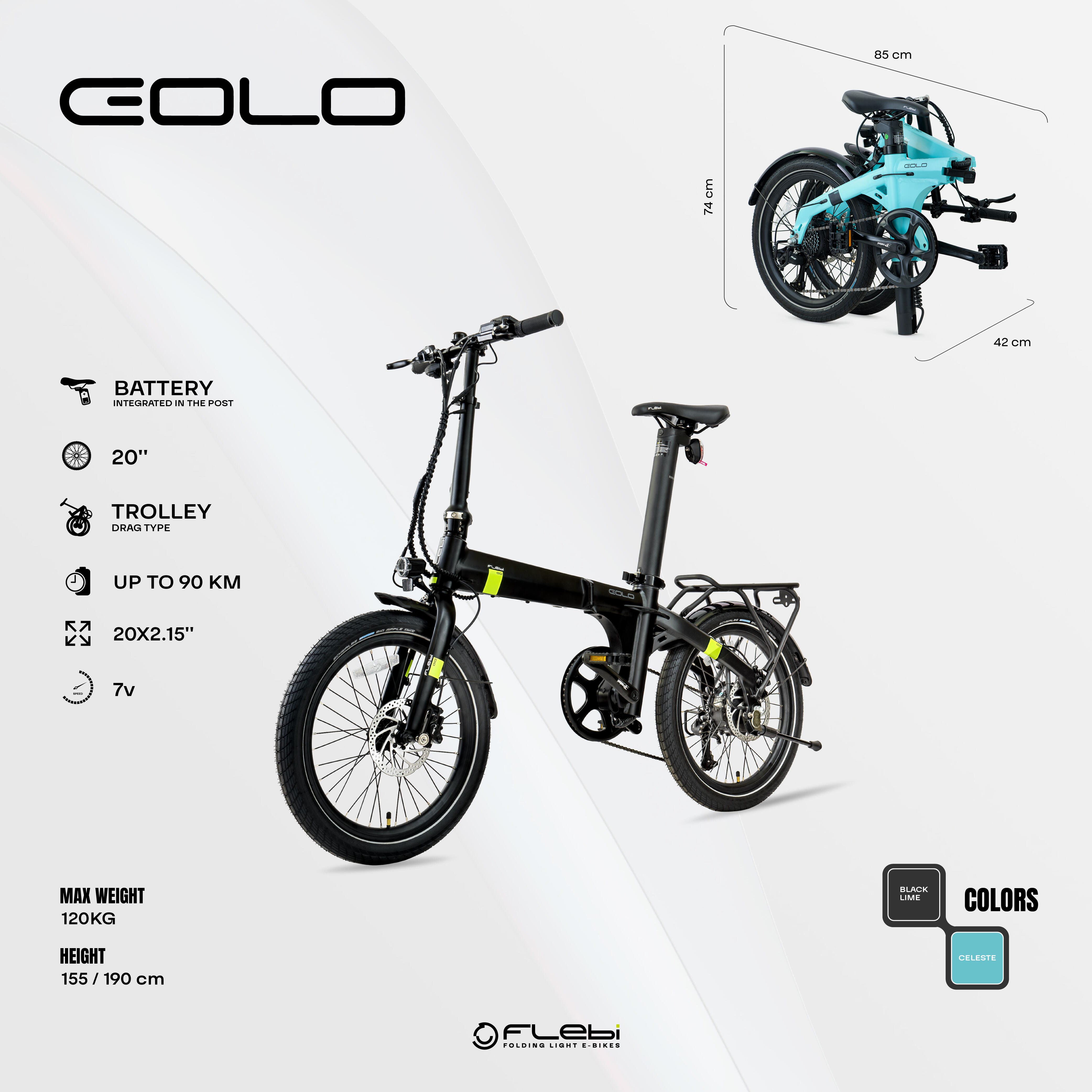 Eolo electric folding bike black lime | Wheels 20" | Battery 10.4Ah