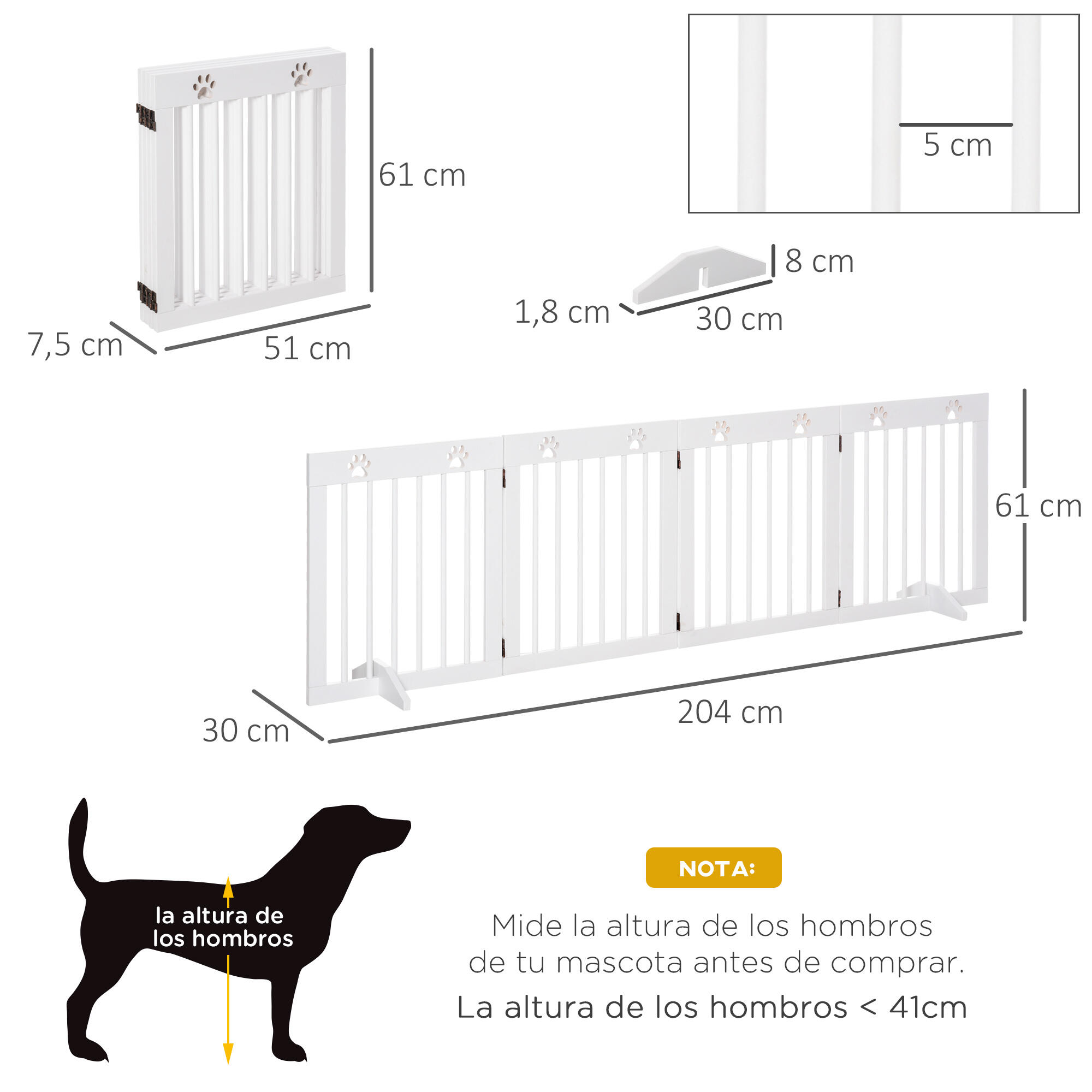 Barrera de Seguridad para Perros PawHut 204x30x61 cm Blanco 3/7