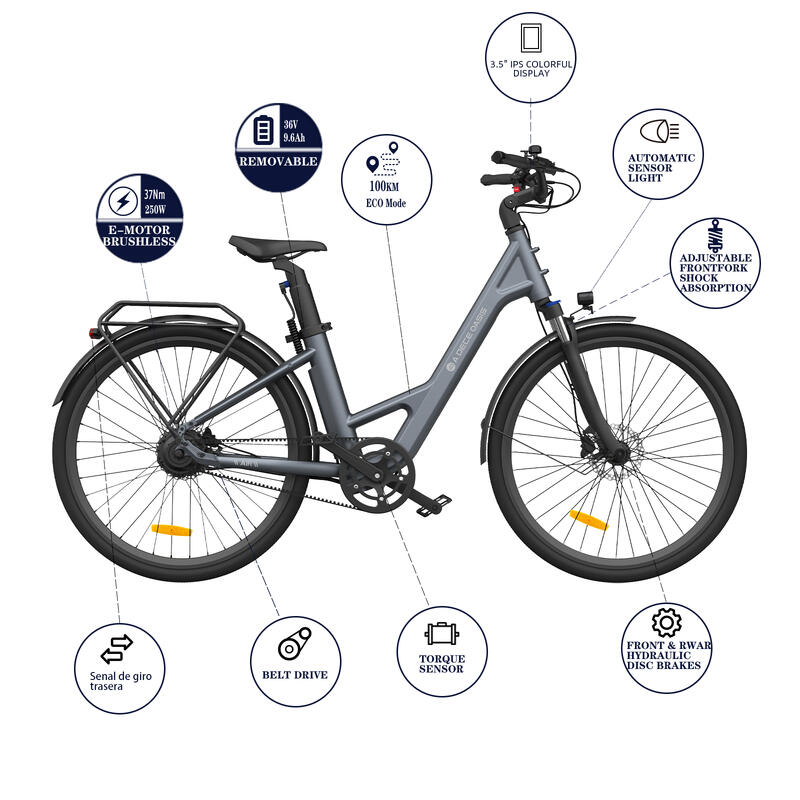 Bicicletă electrică ADO Air28Pro, Pedelec cu transmisie prin curea, motor Bafang