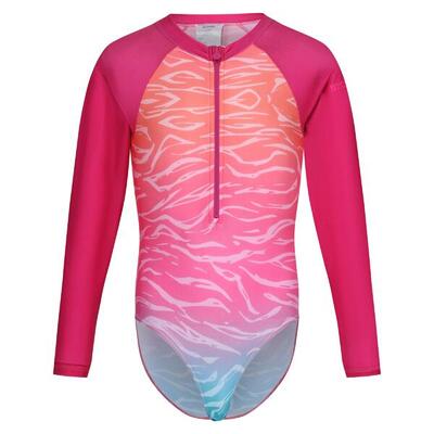 Kinder/kids ombre one piece zwempak met lange mouwen (flamingo roze/satsuma)