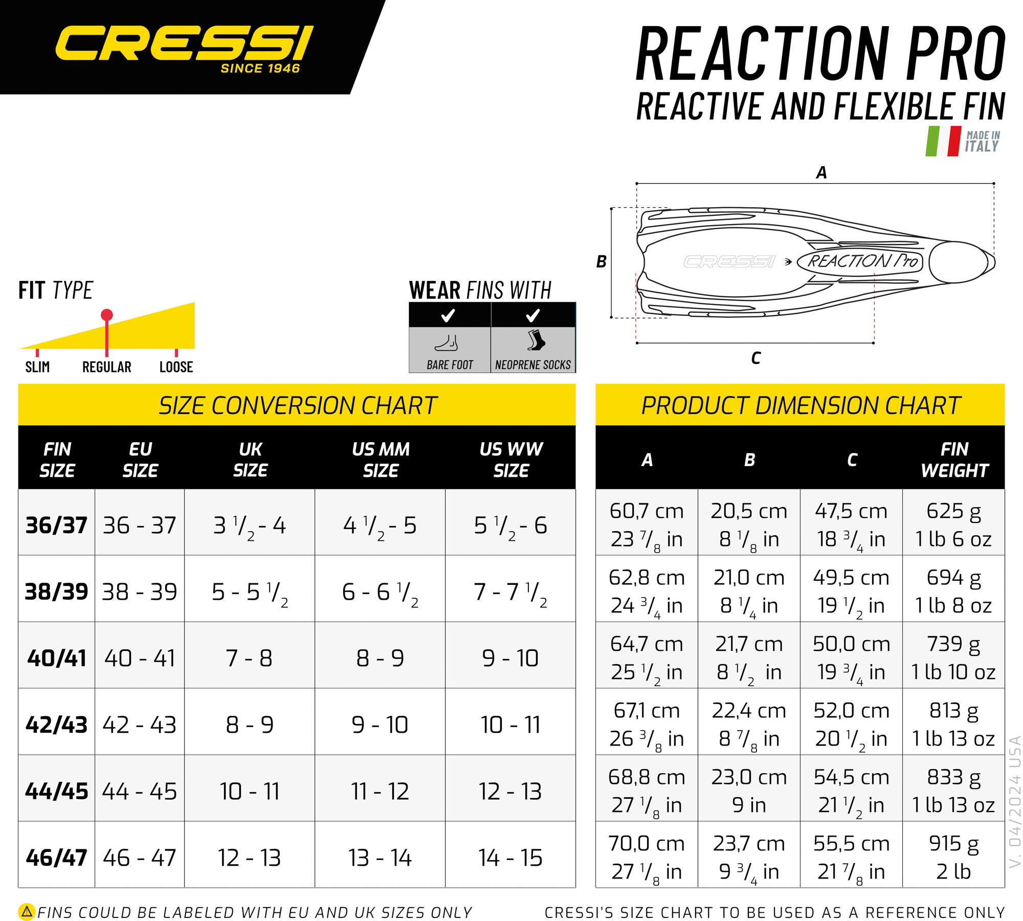Pinne per Immersione Apnea e Snorkeling Cressi REACTION PRO FINS 5/7