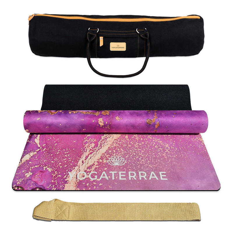 TAPIS YOGA ANTIDÉRAPANT VOYAGE Rose Microfibre Suédé PU-Caoutchouc Lavanya + SAC