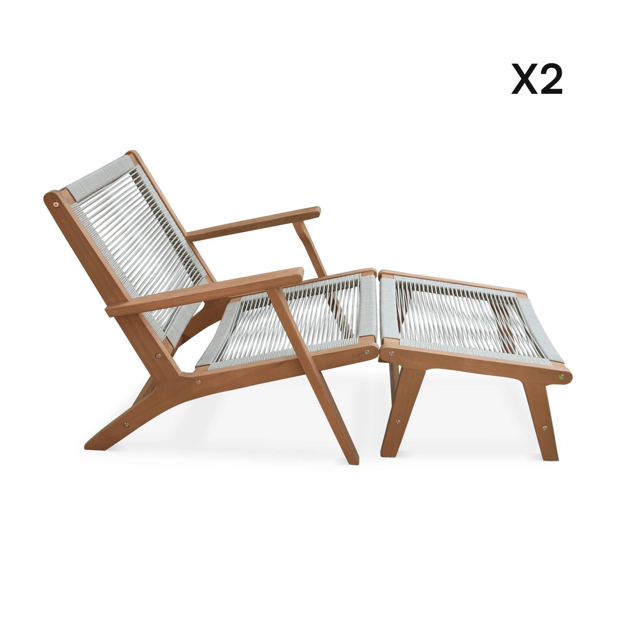 Silla de jardín de madera y cuerda con reposapiés, set de 2, Pardo 4/6