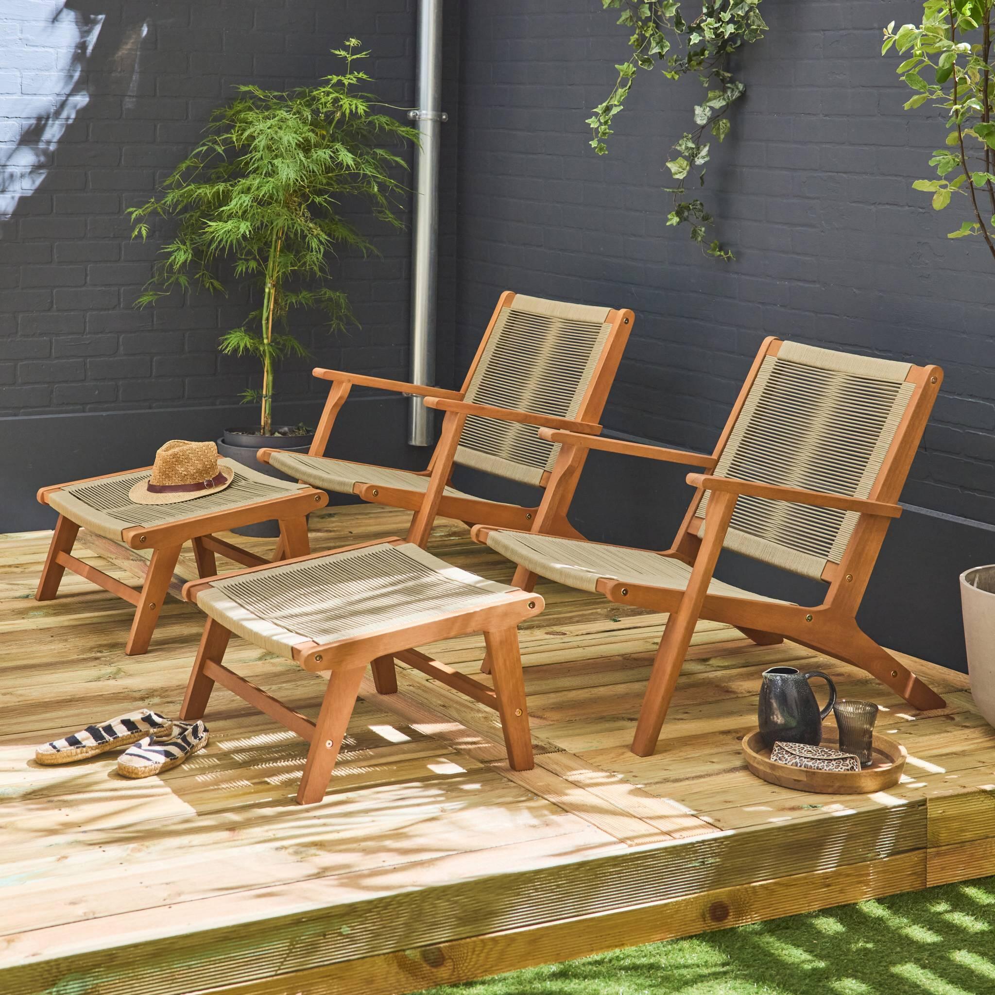 Silla de jardín de madera y cuerda con reposapiés, set de 2, Pardo 2/6