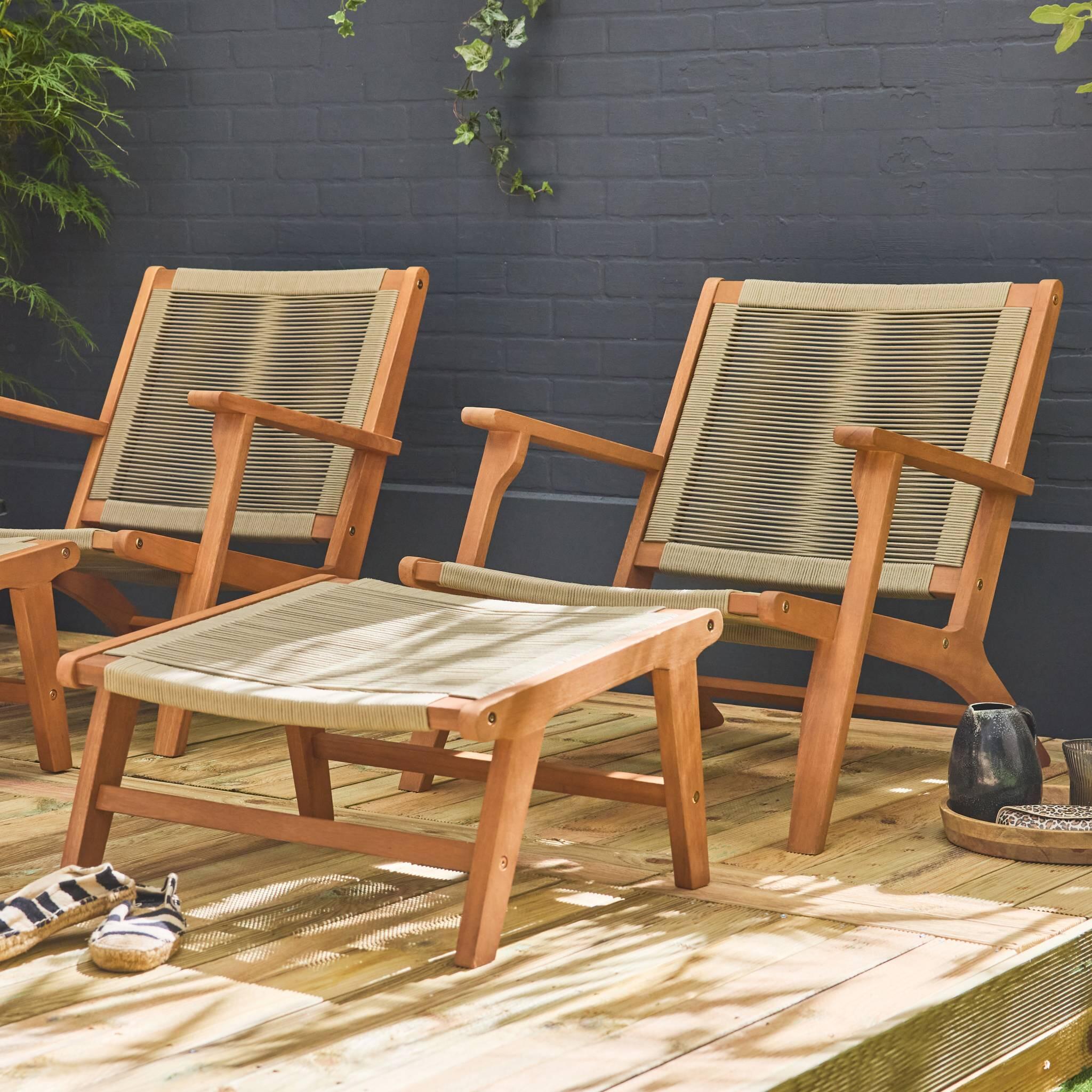 Silla de jardín de madera y cuerda con reposapiés, set de 2, Pardo 3/6