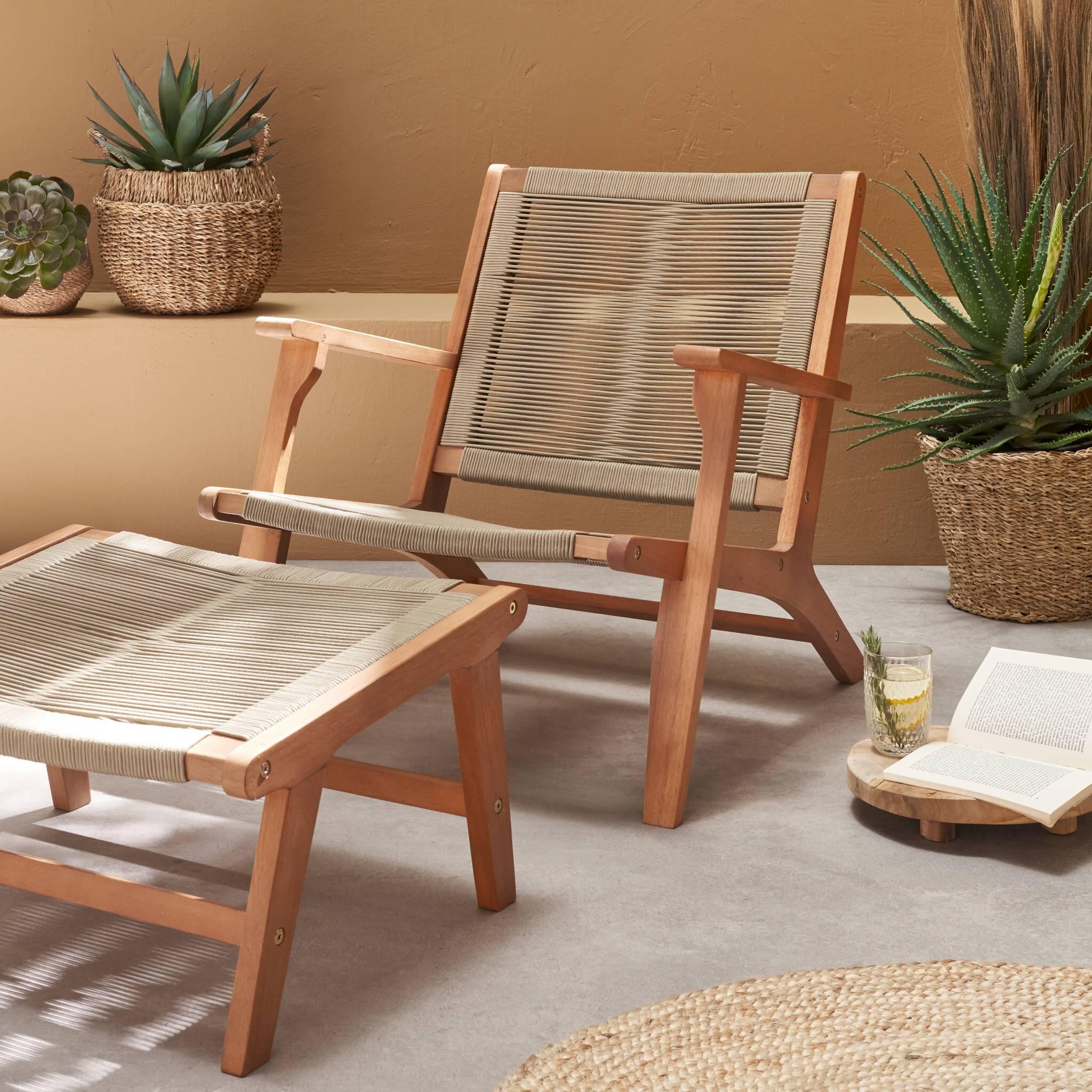 Silla de jardín de madera y cuerda con reposapiés, Pardo 3/6