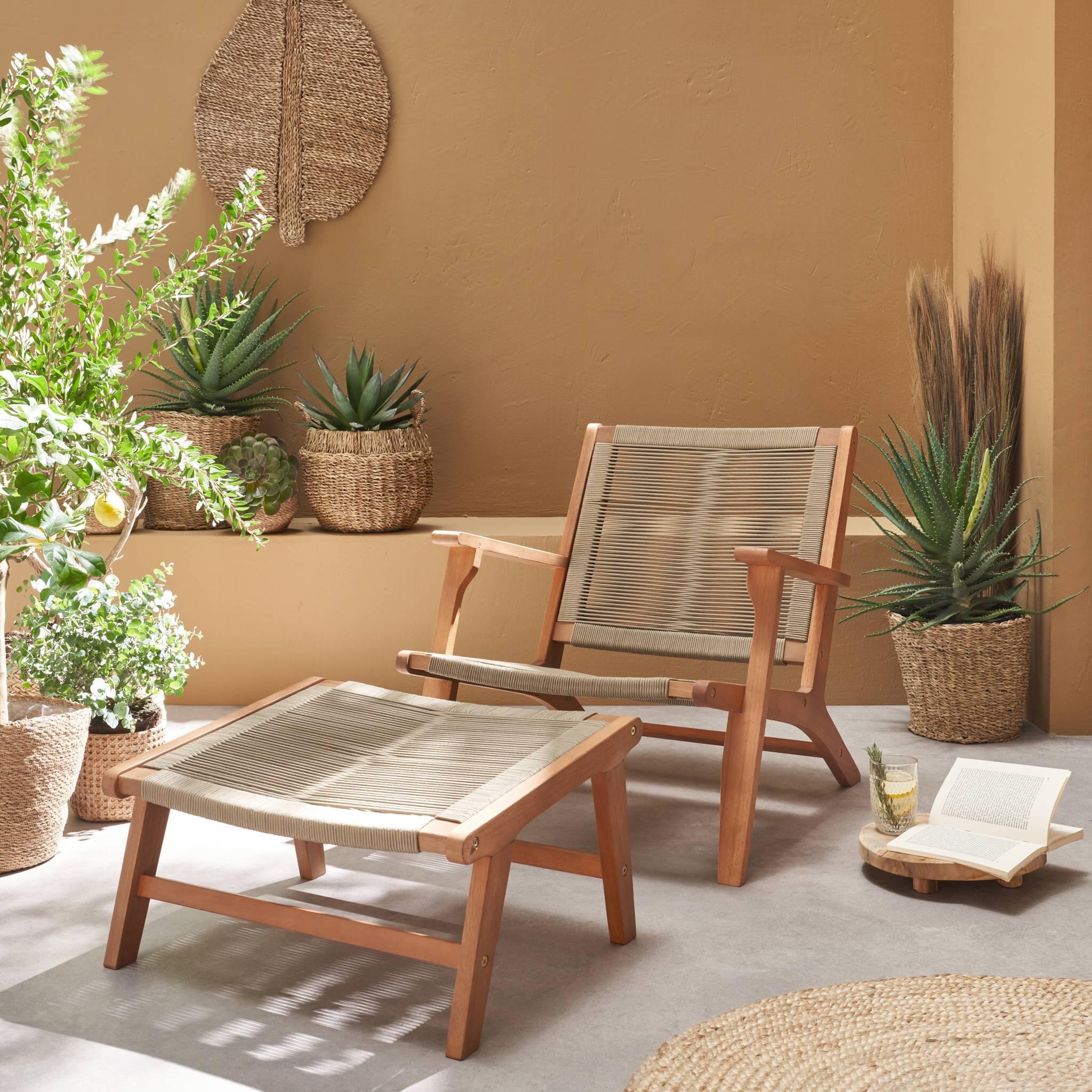 Silla de jardín de madera y cuerda con reposapiés, Pardo 2/6