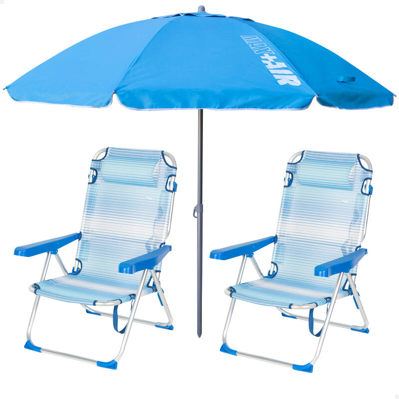 Aktive Pack 2 sillas playa plegables azules + sombrilla 220 cm azul