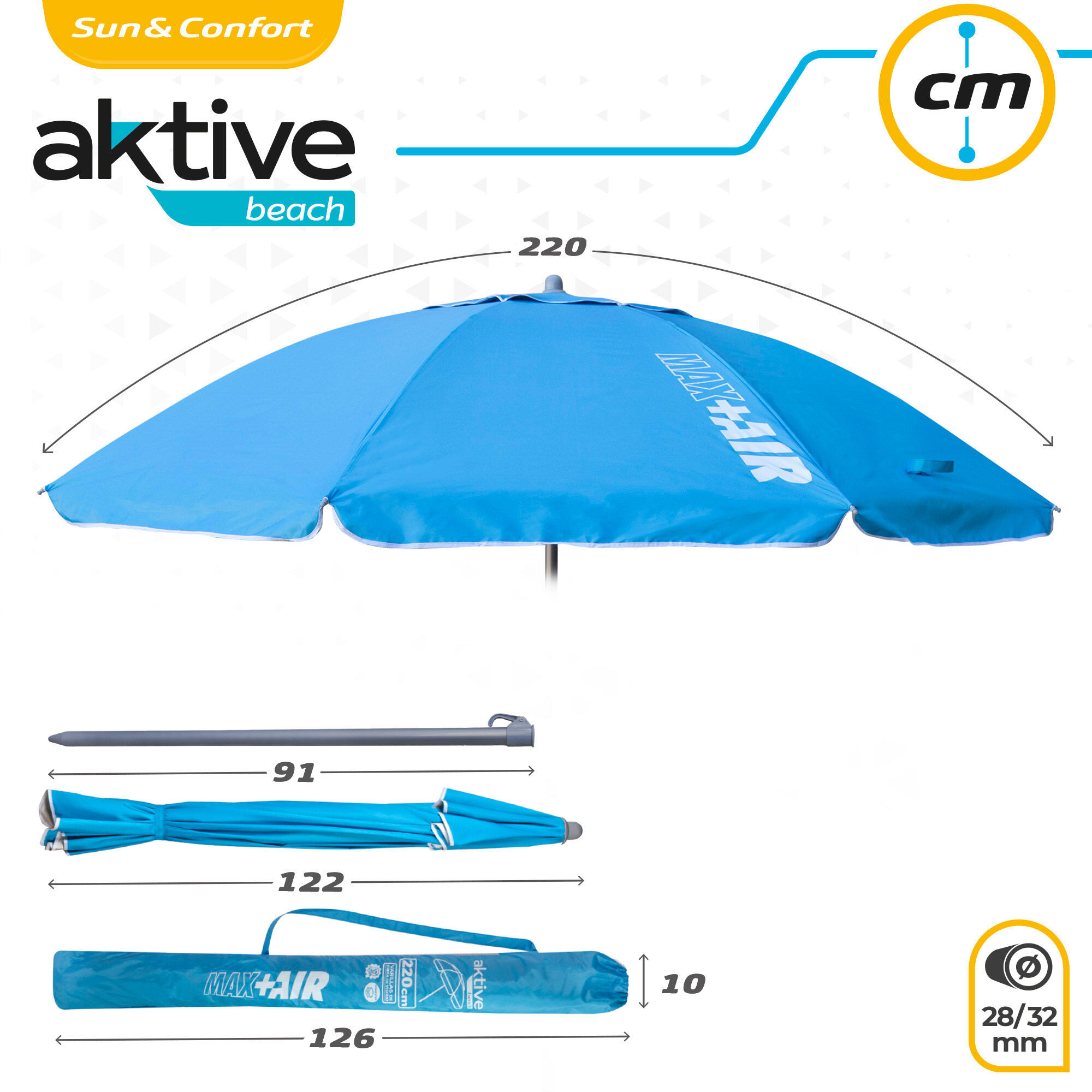 Aktive Pack 2 cadeiras praia dobráveis azuis + guarda-chuva azul 220 cm 6/7
