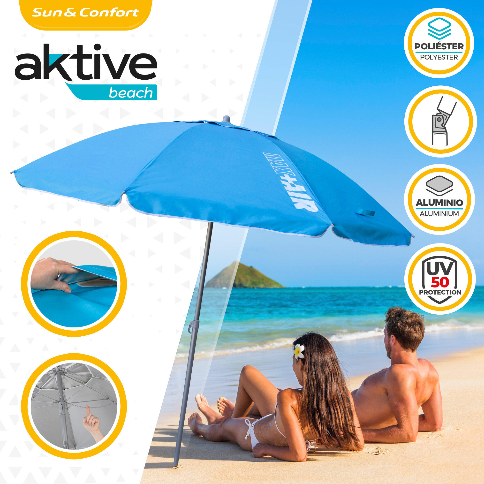 Aktive Pack 2 cadeiras praia dobráveis azuis + guarda-chuva azul 220 cm 2/7