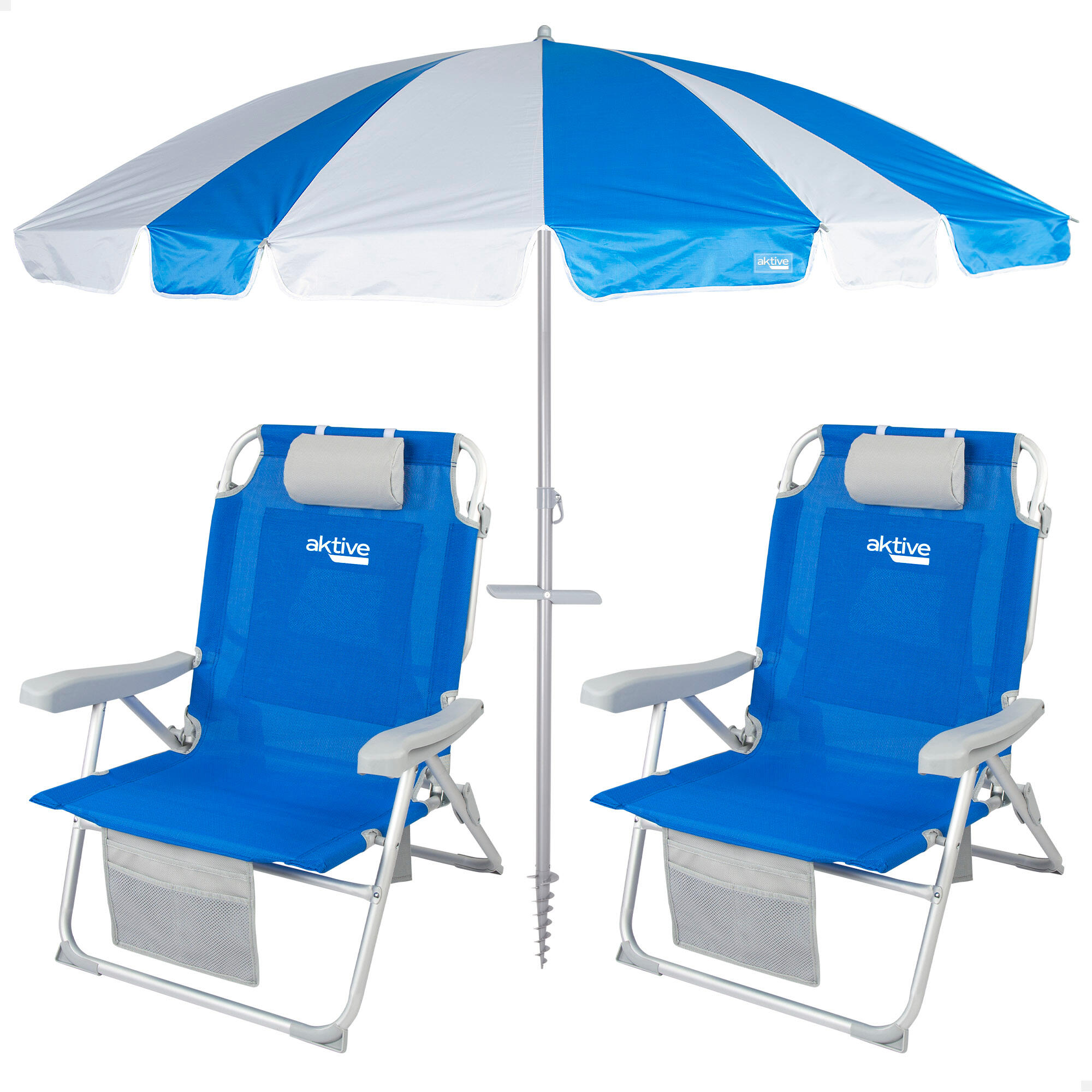 Aktive Confezione da 2 sedie da spiaggia pieghevoli blu XXL + ombrellone 220 cm 1/7