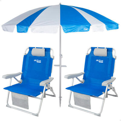 Aktive Confezione da 2 sedie da spiaggia pieghevoli blu XXL + ombrellone 220 cm