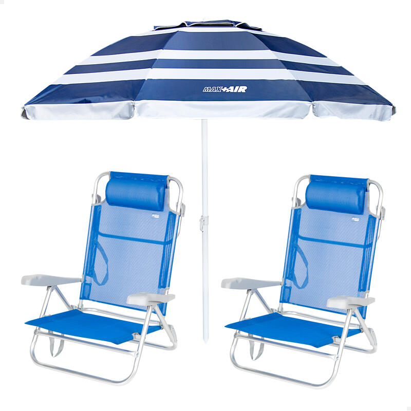 Aktive Pack 2 sillas playa plegables azules + sombrilla 200 cm a rayas