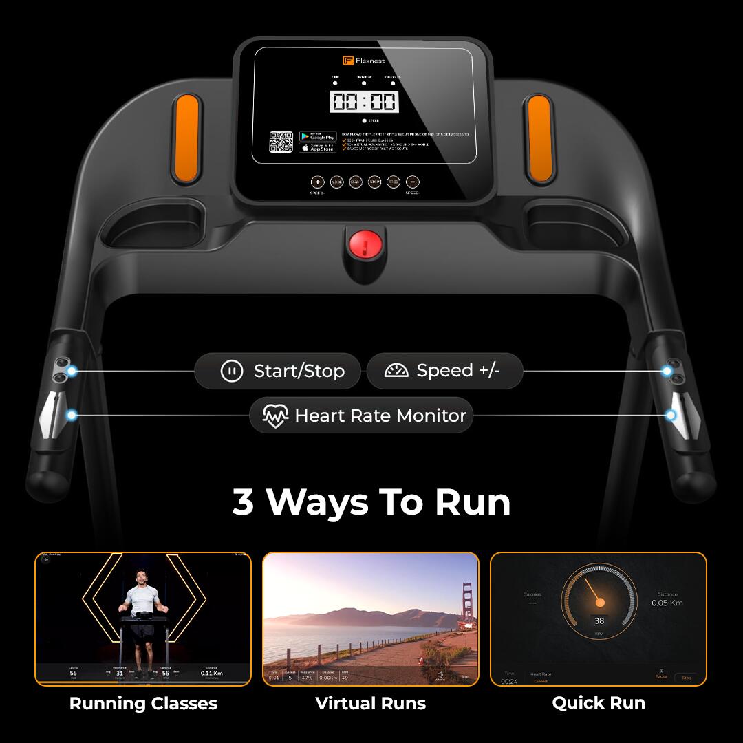 Flexnest Flextread EZ (3 HP Peak) Manual Incline Motorized Treadmill with in-Built Bluetooth Speaker, Max Speed 14km/hr - Black