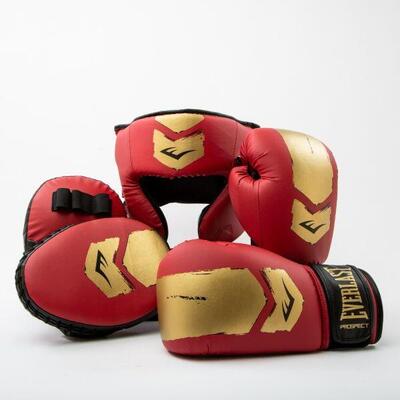 Prospect 2 boxing kit - bokshandschoenen. pads en hoofdbeschermer - rood/goud