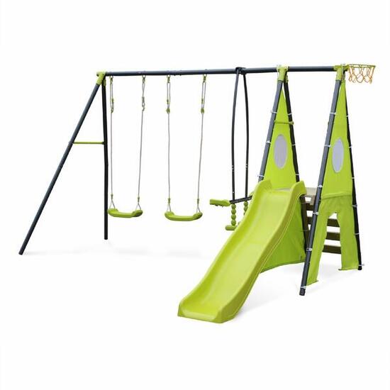 Speeltoestel met 2 schommels 1 duozit 1 glijbaan 1 basketbalring 1 klimwand