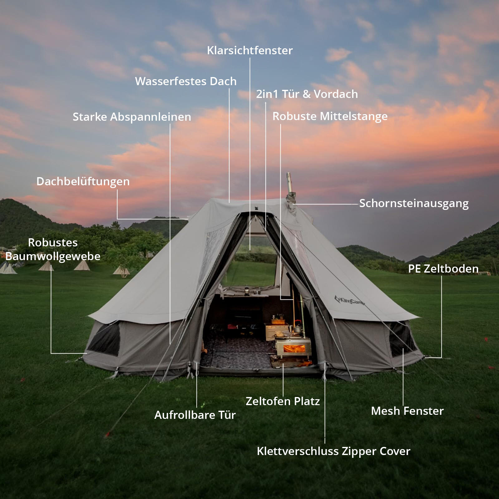Baumwollzelt Campingzelt Khan Villa Pavillon Familienzelt Baumwolle 3/5