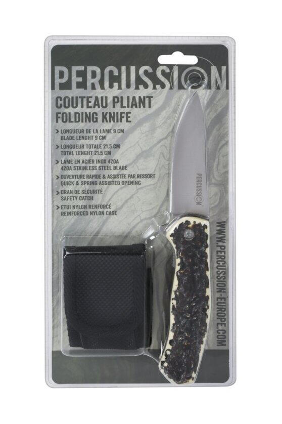 Couteau chasse pliant lame acier inox 9cm manche imitation corne 3/3