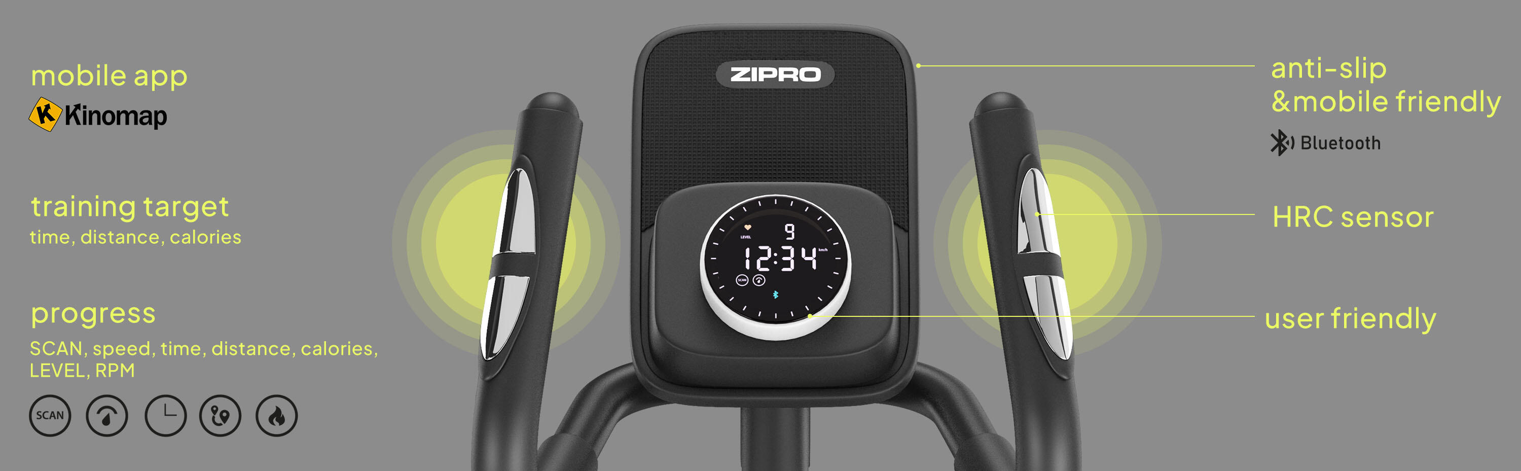 Vélo elliptique électrique-magnétique Zipro Session connected et Kinomap 7/8