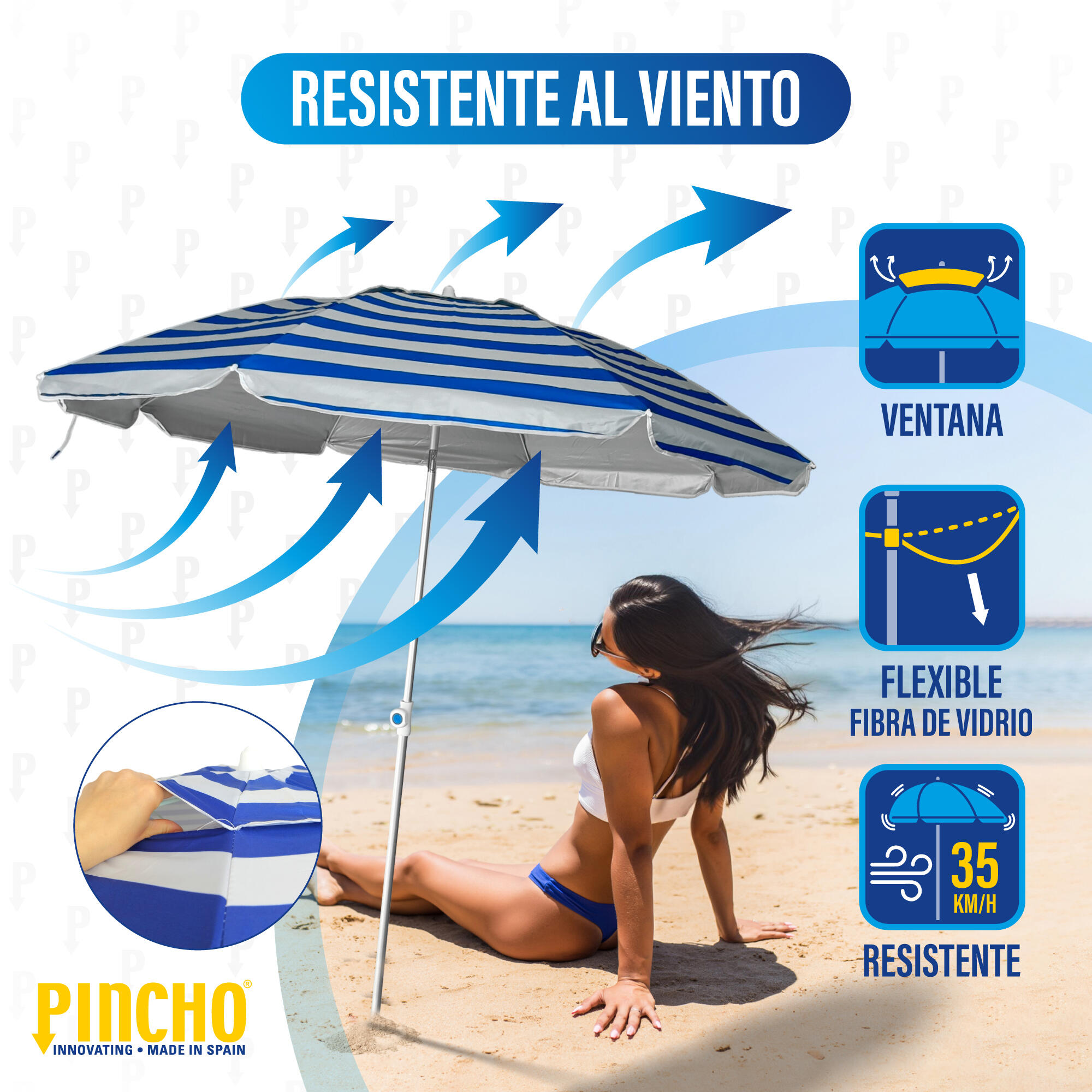 Sombrilla Playa Grande Ø200 cm, antiviento, protección UV 50 2/5