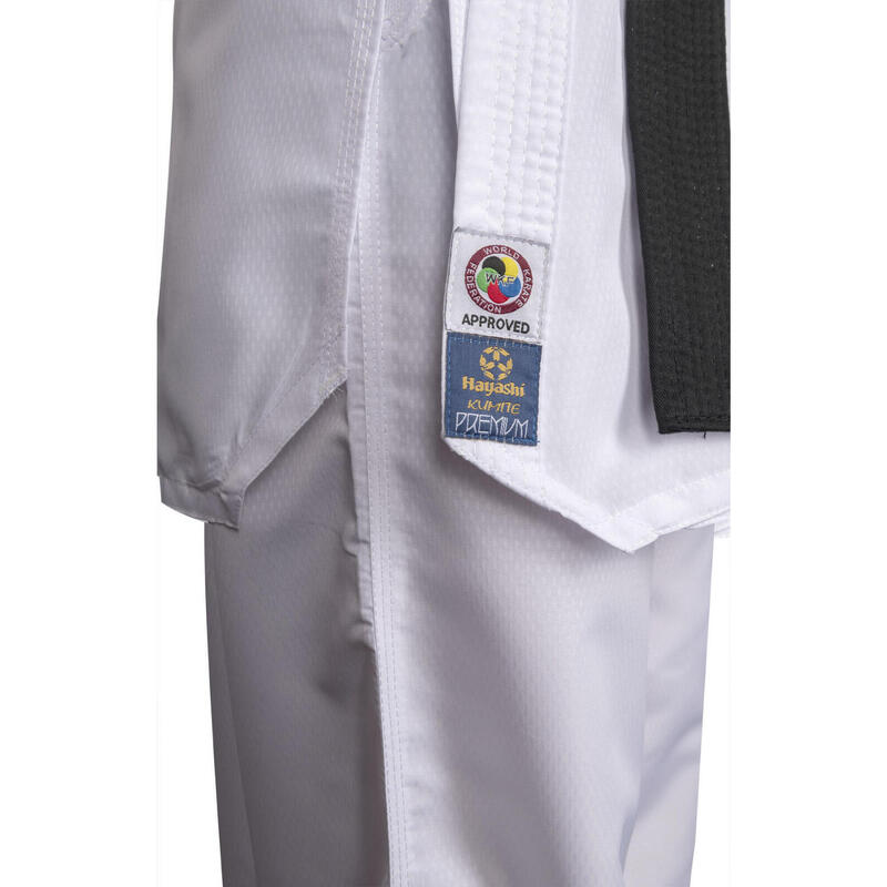 Karate-Gi "Premium Kumite", aprobat WKF, Hayashi, Alb cu broderie rosie, 140 cm