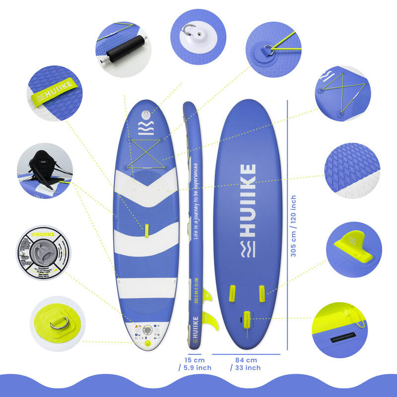 Opblaasbaar Supboard met Premium Accessoires, HUIIKE, Blauw, Hoge Stabiliteit 2/7