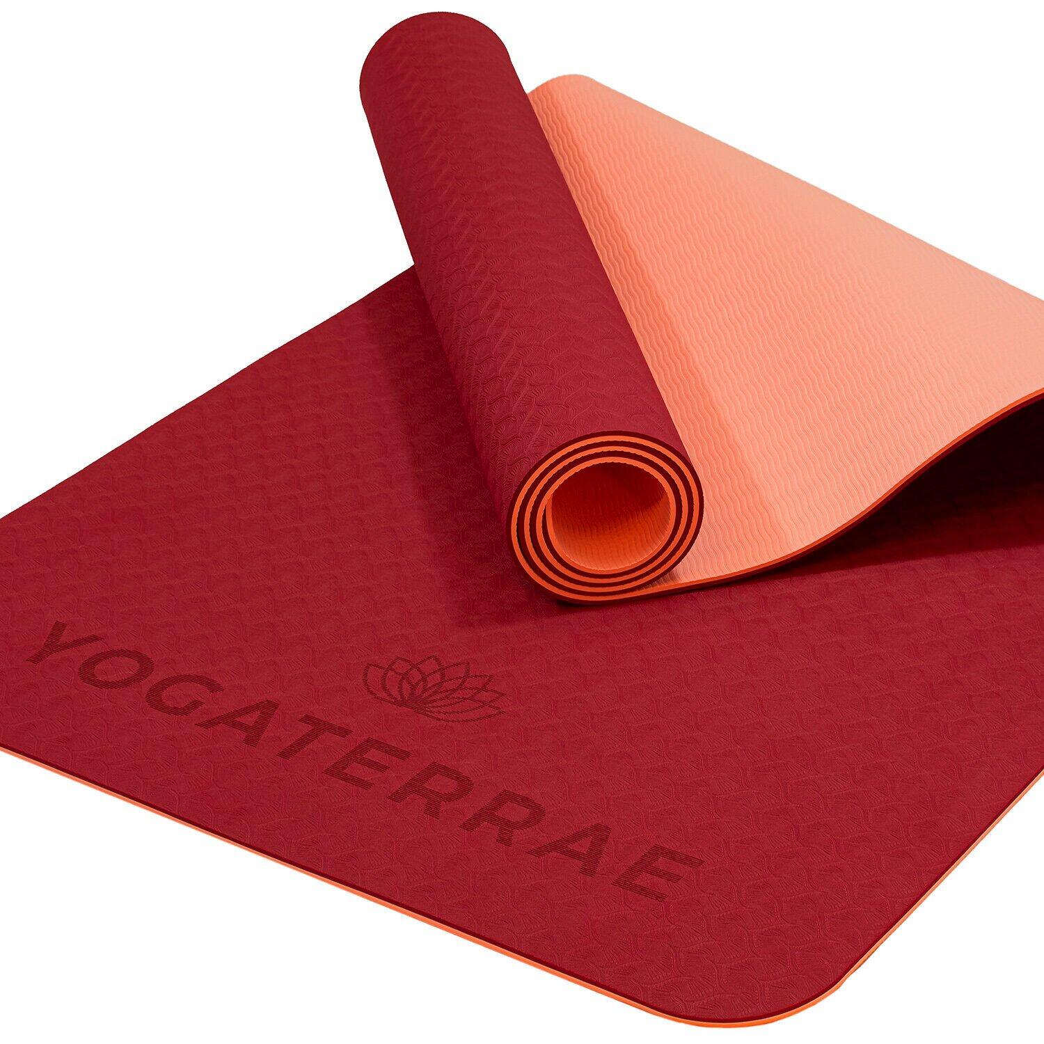 TAPIS DE YOGA ANTIDÉRAPANT DURABLE Confort Bordeaux Corail TPE Léger + SANGLE 2/4