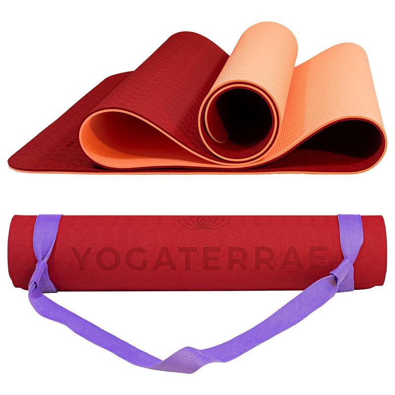 TAPIS DE YOGA ANTIDÉRAPANT DURABLE Confort Bordeaux Corail TPE Léger + SANGLE