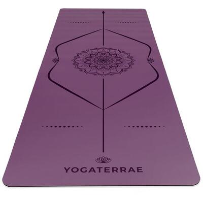 Amethist paarse yogamat in pu en rubber met mandala + lichaamslijnen