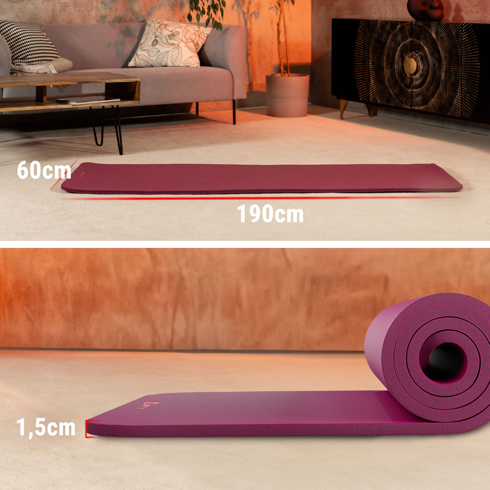 Tappetino fitness NBR 1,5cm - amaranto - 190x60 cm 2/7