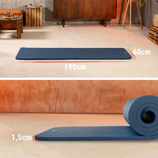 Tapis de fitness 1,5 cm pour yoga et gymnastique 190x60 cm Hop-Sport Bleu foncé