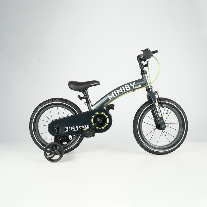 Qplay Miniby Kinderfiets 14 inch - 3 in 1 - loopfiets - Grijs