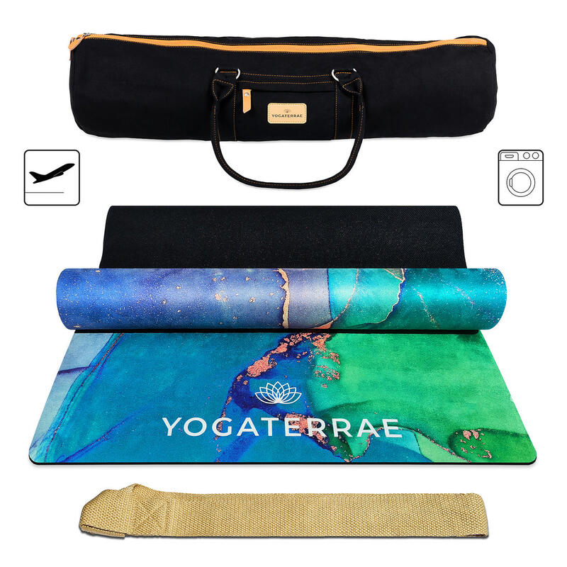 TAPIS YOGA ANTIDÉRAPANT VOYAGE Bleu Microfibre Suédé PU-Caoutchouc Dhyana + SAC