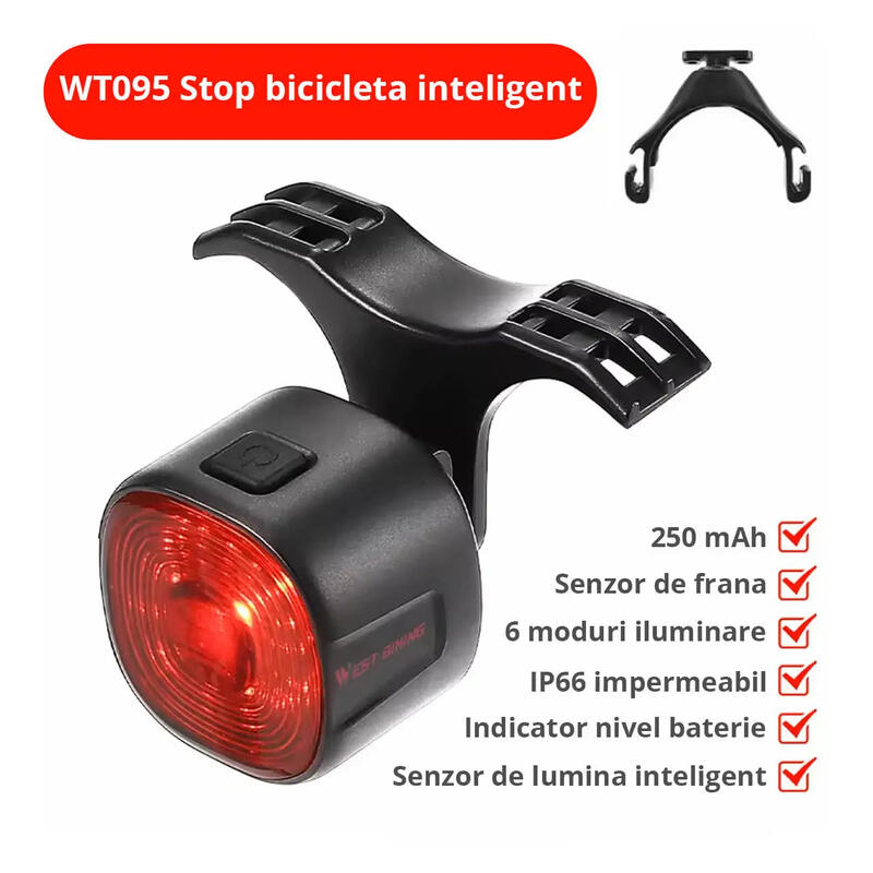 Stop bicicleta inteligent,senzor frana,vibratii si lumina,LED,USB,autonomie 60h