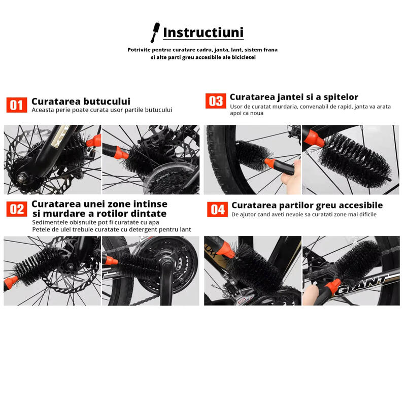 Set 3 perii pentru curatare bicicleta, janta, lant, sistem frana