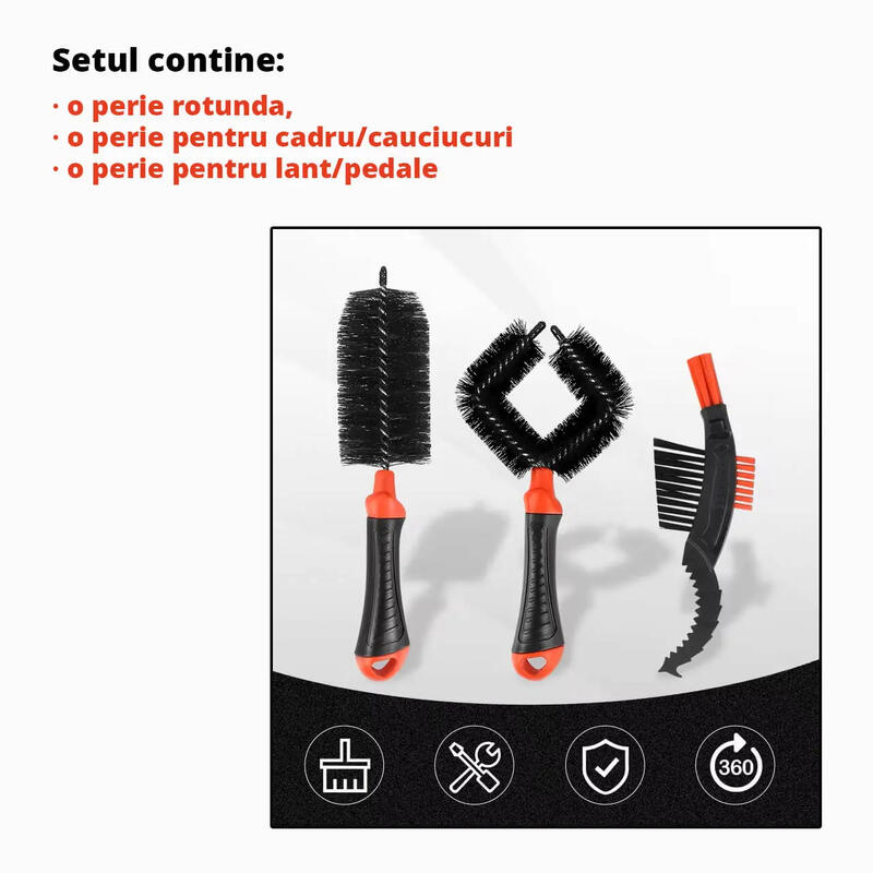 Set 3 perii pentru curatare bicicleta, janta, lant, sistem frana