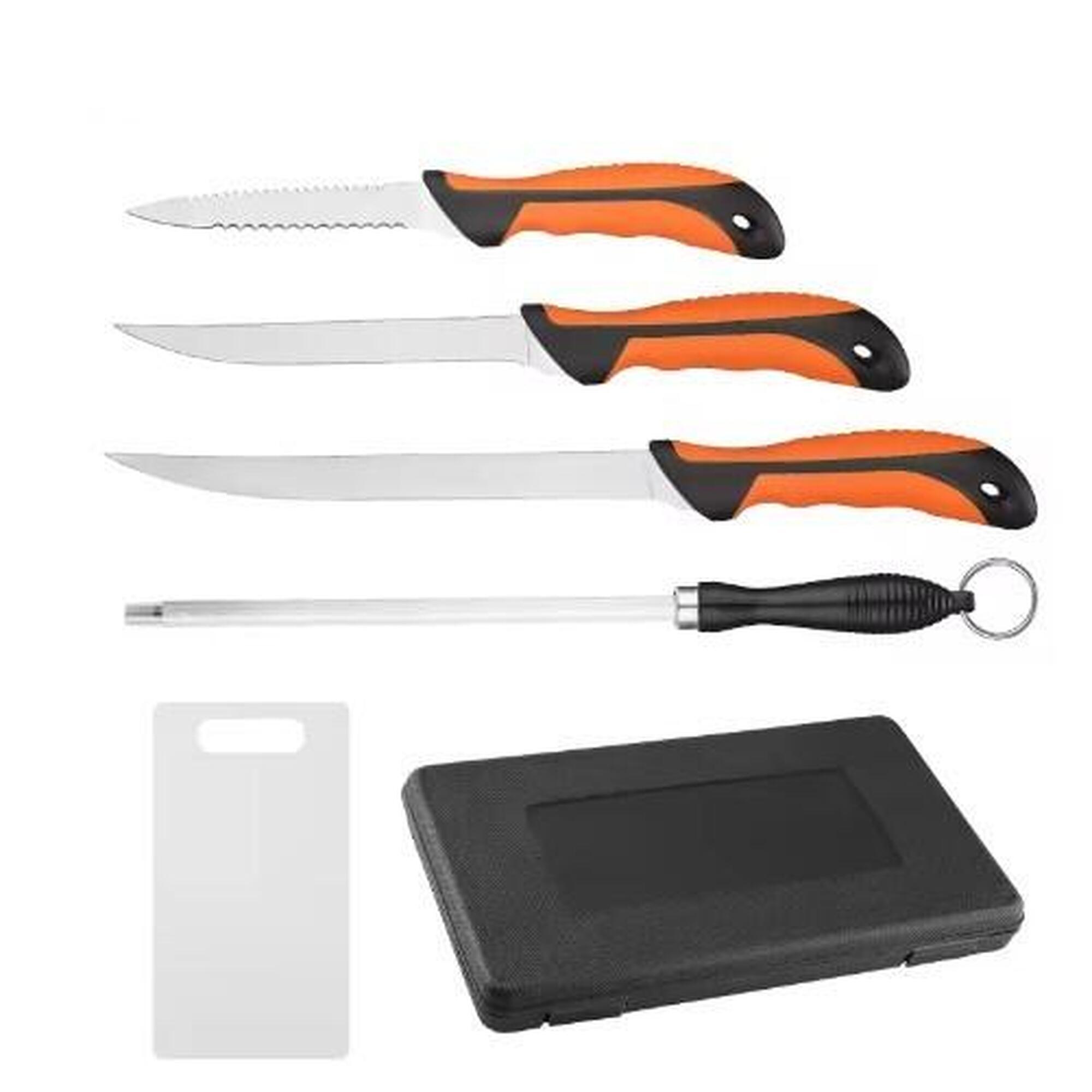 Set 5 piese cutite pentru filetat peste, din otel alimentar, cu manere anti-alun